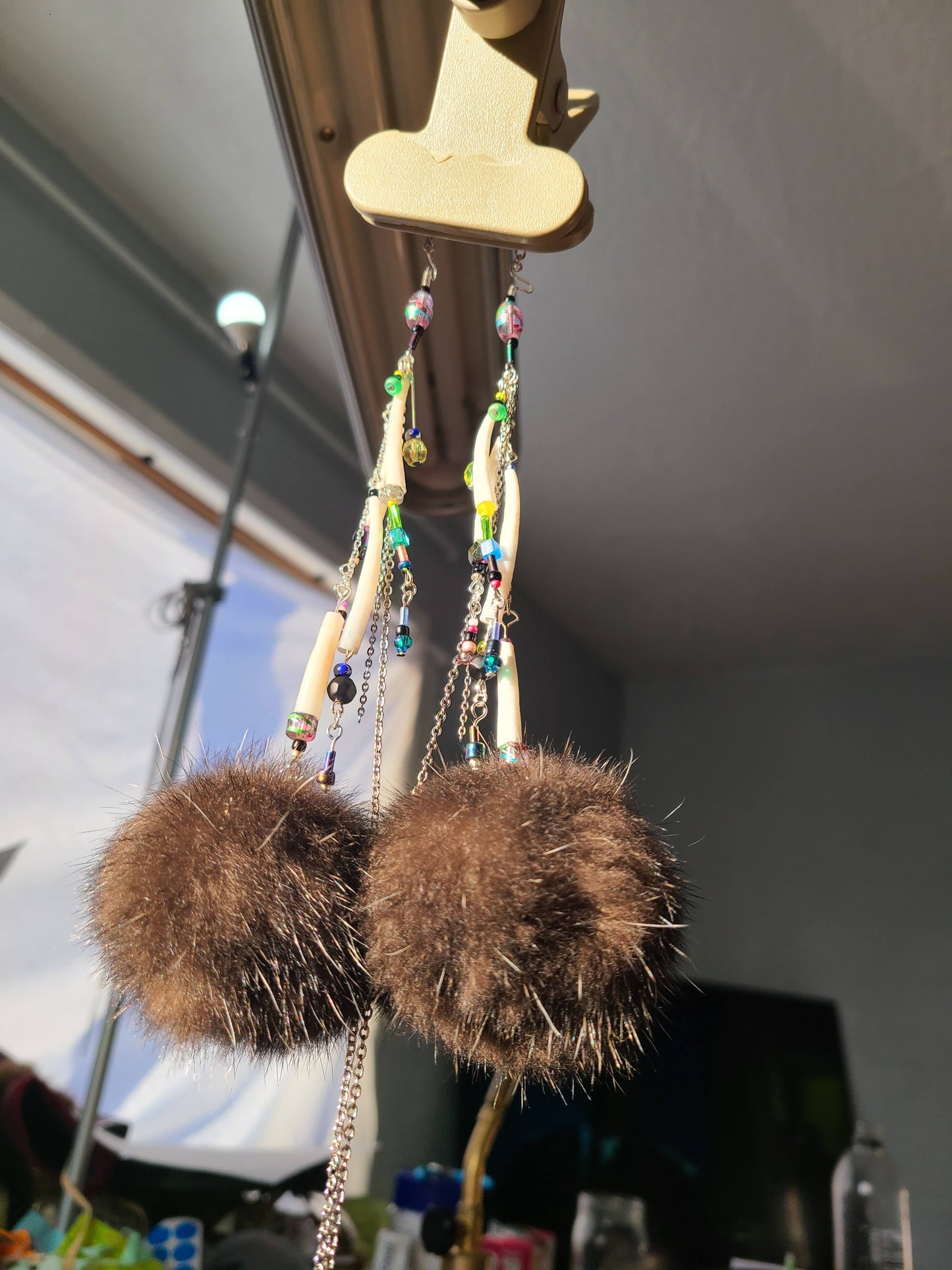 Sea Otter pompom with Dentalium Shell earrings