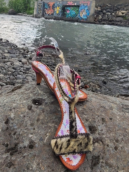 Seal Fur T Strap high heel shoes